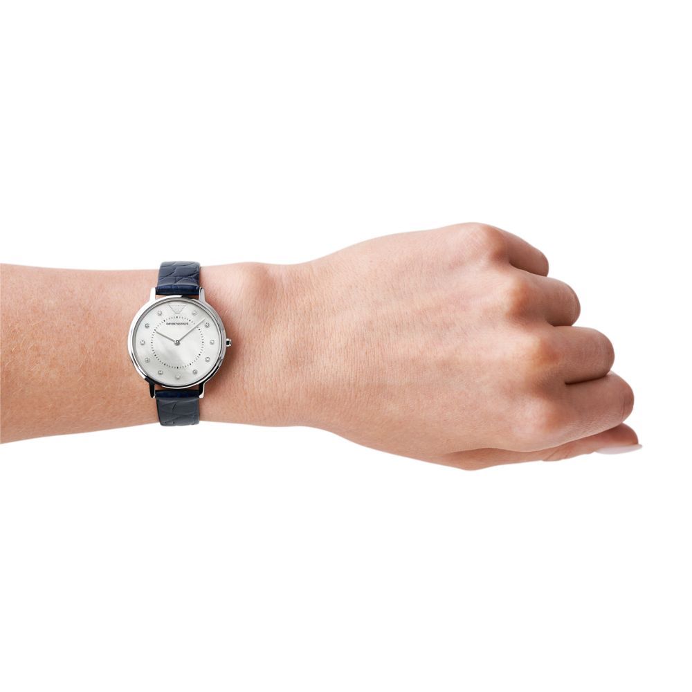 Emporio Armani Women's Silver Round Blue Leather Watch - AR11095