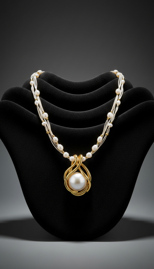 Ivory Silk Pearl and Gold Pendant Necklace