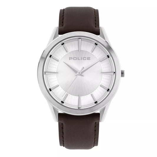 Police PATRIOT Men's Watch, Silver Dial & Brown Leather Strap, 15967JS/04A