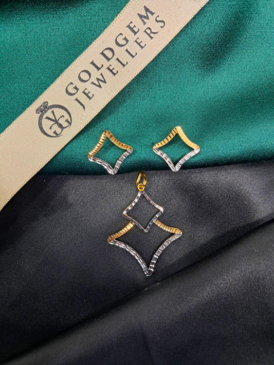 18ct Yellow & White Gold 2 Tone Pendant And Earring Set 4.8G